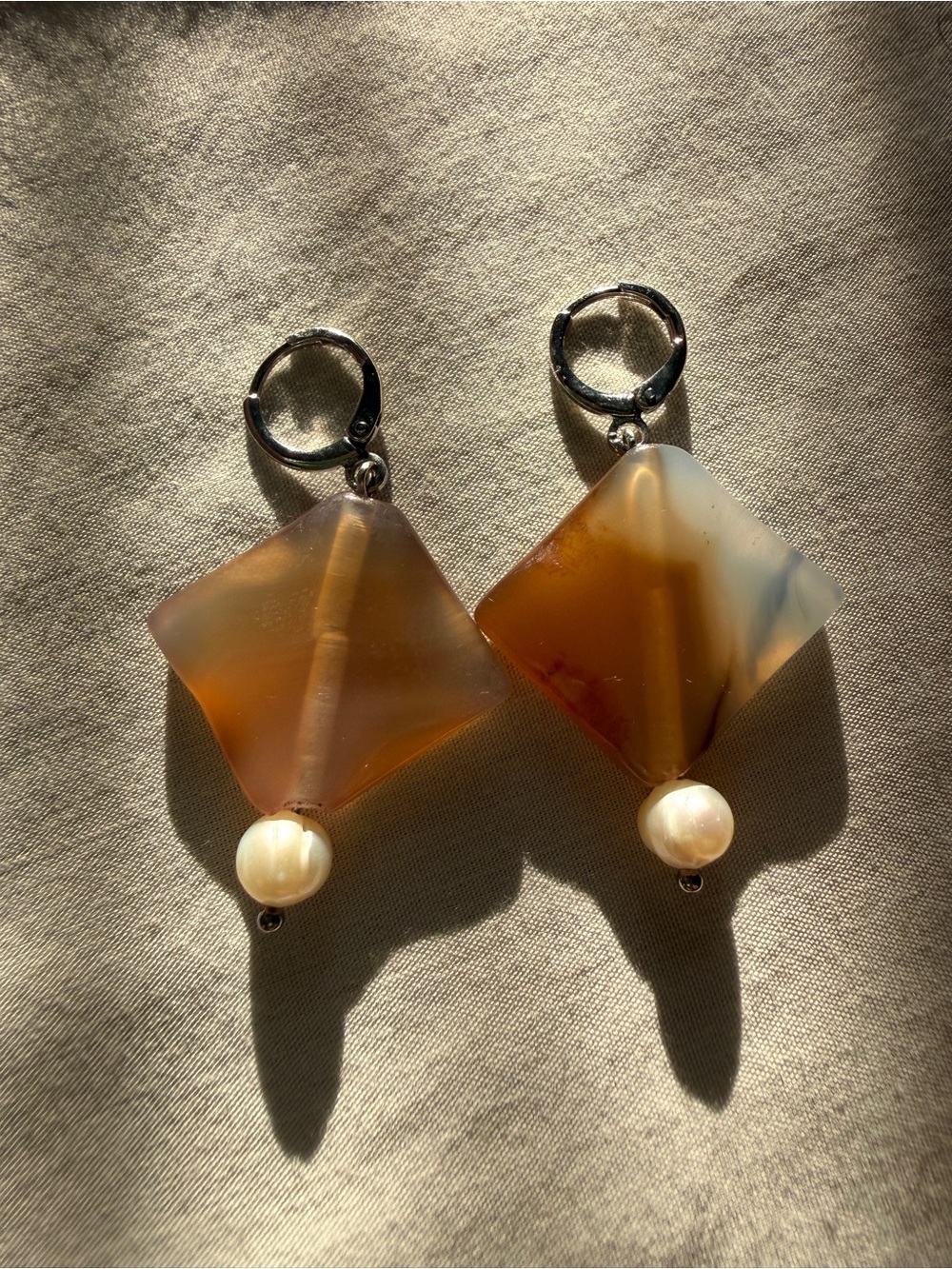 Handmade Amber Agate Drop Earrings with Pearl Accent - Women Jewelry
